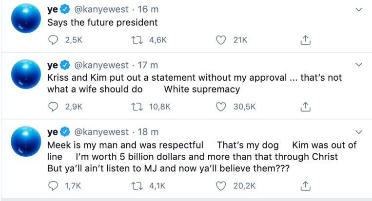 Kanye West zette dinsdagnacht opnieuw een reeks vreemde tweets online.