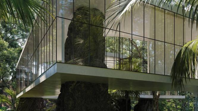 Enorme rotspilaren die door vloer priemen maken modernistische villa nog unieker