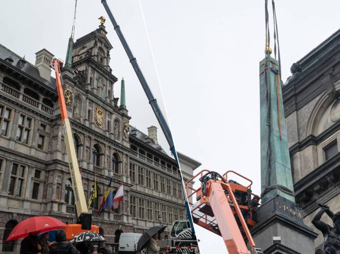 KIJK. Na schade door storm Ciarán: obelisk pronkt weer op gevel van Antwerps stadhuis
