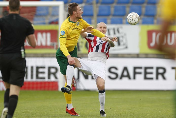 Willem II-verdediger Sebastian Holmén is in een fel duel om de bal verwikkeld met Fortuna Sittard-spits Sebastian Polter.