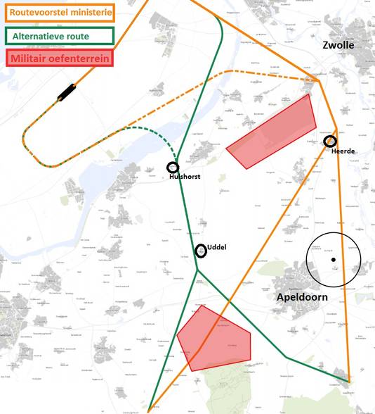 Het alternatief van VNO-NCW Midden,Cleantech Regio en Teuge Airport spaart Overijssel, maar in Hulshorst en Uddel zouden ze tot de nieuwe indeleing van het luchtruim in 2023 wél worden geconfronteerd worden met laag over komende vliegtuigen.