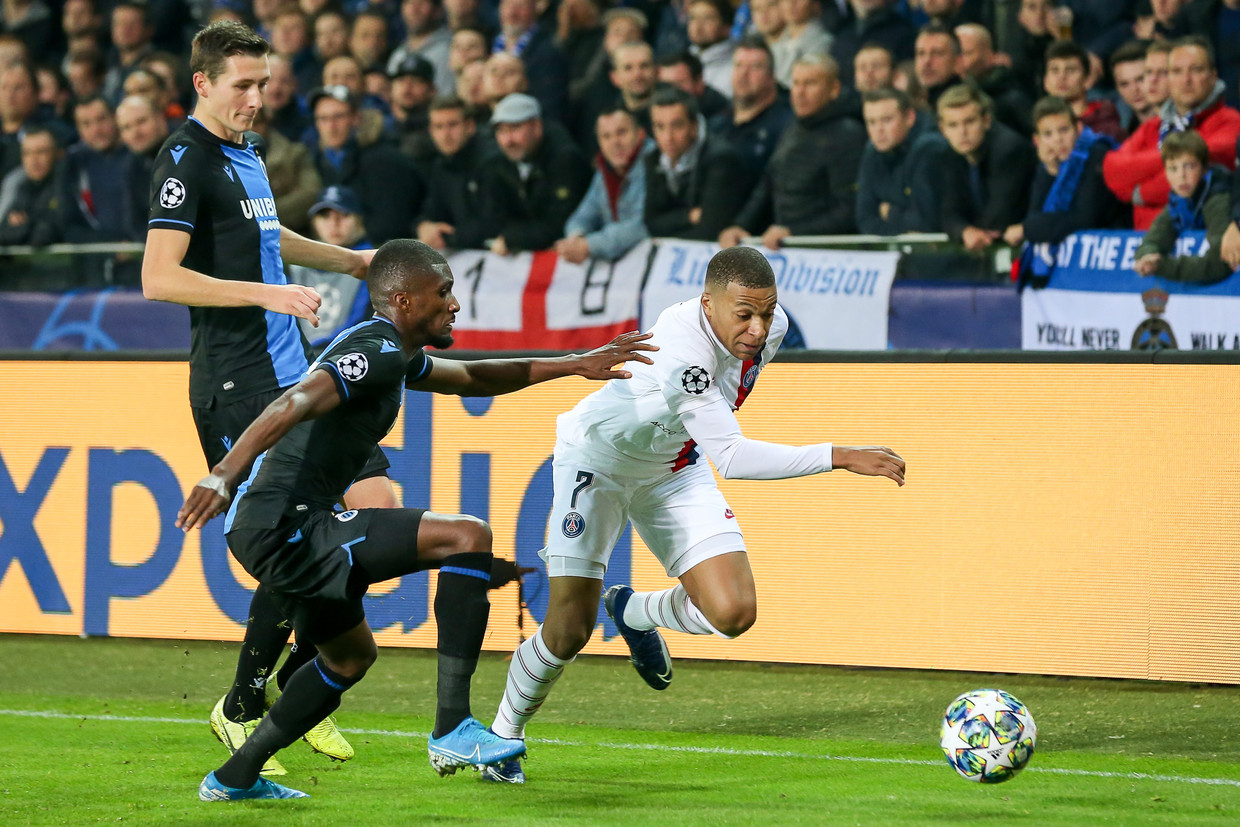 Kylian Mbappé van PSG walst over de Bruggelingen heen. De 0-5-pandoering voor Club vorige week illustreert nog maar eens het grote verschil tussen de Europese competities.  Beeld Photo News