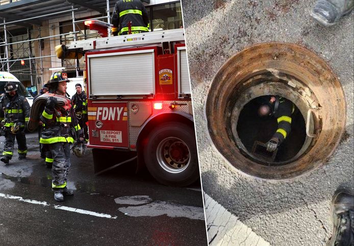 Fotomontage. De brandweer van New York (links op archiefbeeld) kon de verdwaalde jongens via een riooldeksel uit hun hachelijke situatie bevrijden (rechts).
