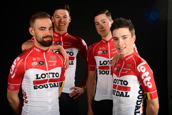 BELGIUM - DECEMBER 19 : Lawrence Naessen , Victor Campenaerts , Bjorg Lambrecht and Jens Keukeleire pictured during the Official Lotto - Soudal cycling team 2018 presentation on December 20, 2017 in Oudenaarde, Belgium, 20/12/2017 ( Photo by Nico Vereecken / Photonews