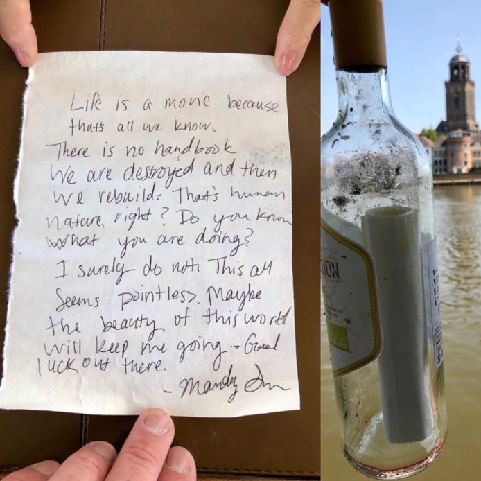 De door de pontvaarder in Deventer gevonden fles en mysterieuze brief van Mandy.