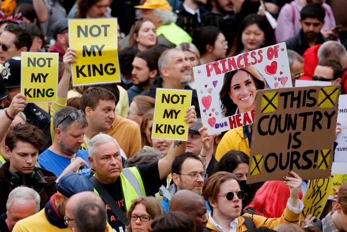 I manifestanti tenevano un cartello con la faccia di Meghan.