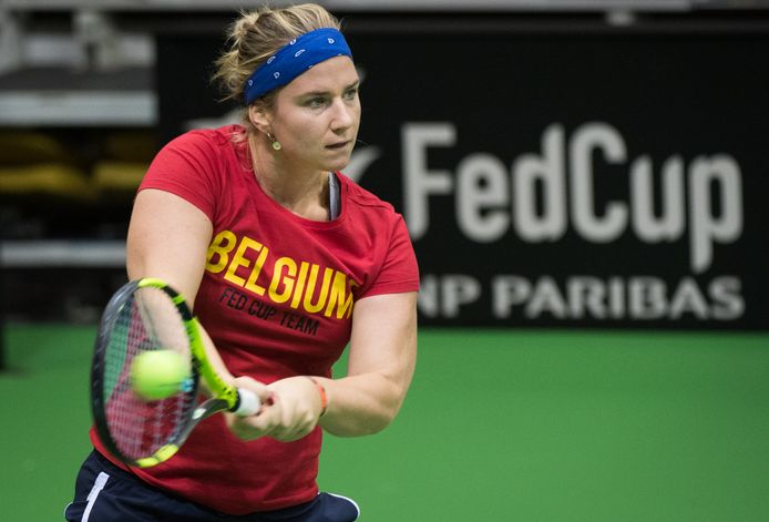 Belgian Ysaline Bonaventure pictured during a training session, ahead of the quater-final of the Fed Cup game between Belgium and France, in the World Group, Wednesday 06 February 2019, in Liege. BELGA PHOTO BENOIT DOPPAGNE