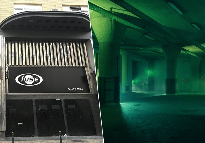 Links: de vaste locatie van discotheek Fuse in de Blaesstraat. Rechts: voor de 29ste verjaardag wijkt Fuse uit naar een leegstaande zuilengang onder het Brusselse Zuidstation.