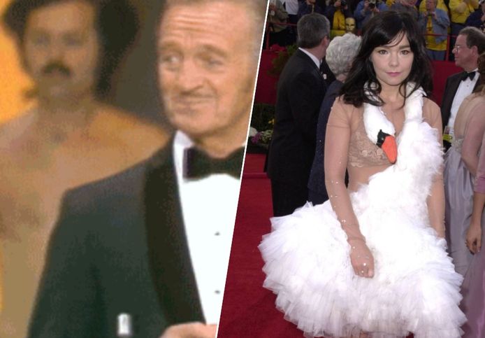 David Niven, een streaker en zangeres Björk.