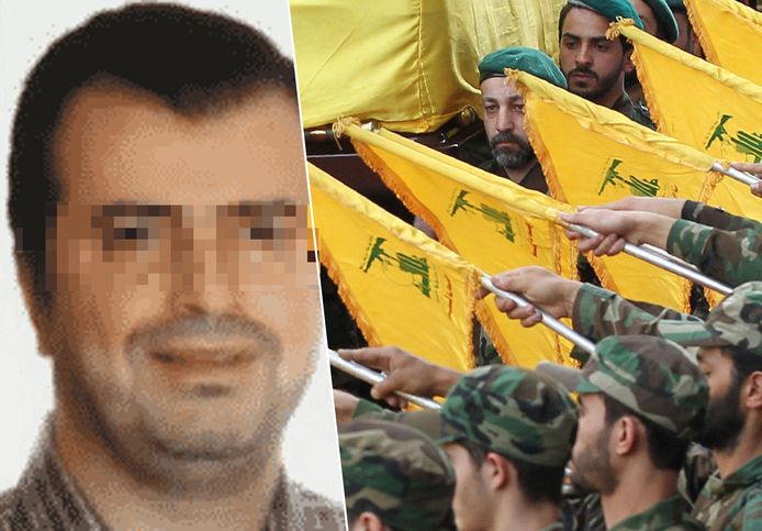 Links: de van terrorisme verdachte Mohammad Bazzi. Rechts, strijders van Hezbollah in de Libanese hoofdstad Beiroet.