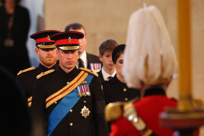 Les princes Harry et William, en uniforme pour se recueillir devant le cercueil de leur grand-mère