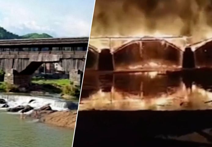900 jaar oude houten brug in vuur en vlam in China