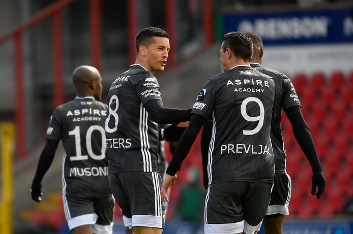 Eupen's Stef Peeters celebrates after scoring during a soccer match between SV Zulte Waregem and KAS Eupen, Monday 05 April 2021 in Waregem, on day 32 of the 'Jupiler Pro League' first division of the Belgian championship. BELGA PHOTO JOHN THYS