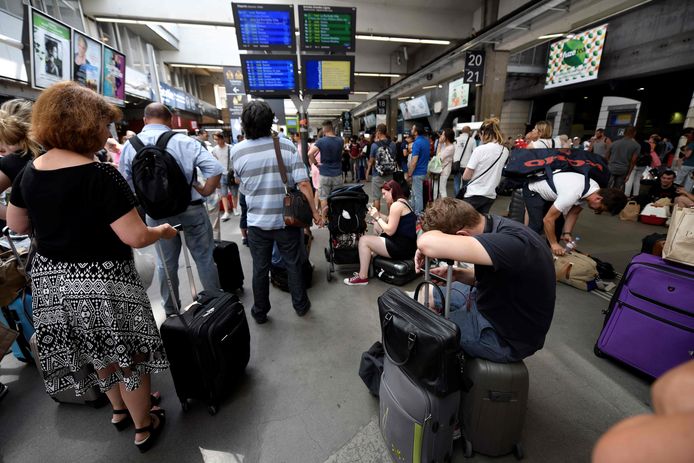 Wachtende reizigers in het station van Montparnasse.