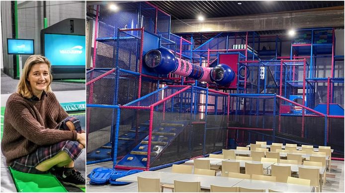 Links zien we Cathérine Despriet in trampolinepark Jump, rechts een leeg indoorpretpark Woopahoo. Archiefbeelden