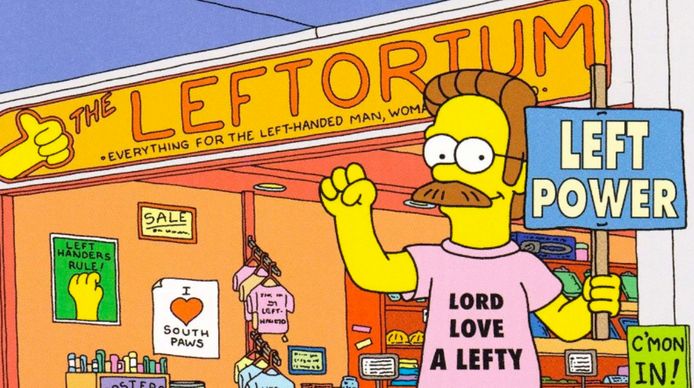 Ned Flanders opende een winkel speciaal voor linkshandigen.