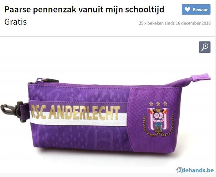 Omschrijving: "Ik bied mijn paarse pennenzak te koop aan. Dateert uit mijn schooltijd maar ik moet hem niet meer hebben wegens omstandigheden."