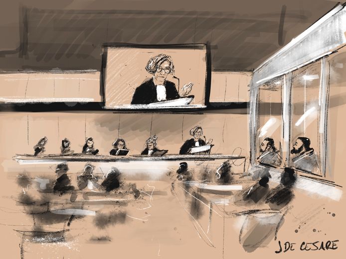 Rechtbanktekening toont de rechters op het proces over de aanslagen in Parijs in november 2015.