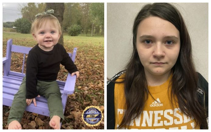 Peutertje Evelyn Mae werd op tweede kerstdag voor het laatst levend gezien. Foto rechts: de arrestatiefoto van mama Megan Boswell (18).