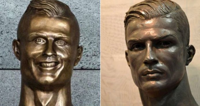 Links het minder geslaagde standbeeld op de luchthaven van Madeira, rechts de nieuwe buste.