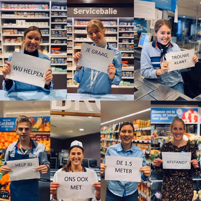 De medewerkers van de Albert Heijn in Nijverdal benadrukken het nog maar eens: 1,5 afstand!