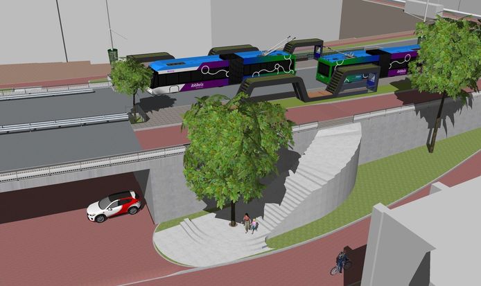 Impressie van de nieuwe bushaltes ter hoogte van de Rijnstaat op de Nelson Mandelabrug in Arnhem, met op de voorgrond de vrije trap aan de westzijde met een nieuwe boom.