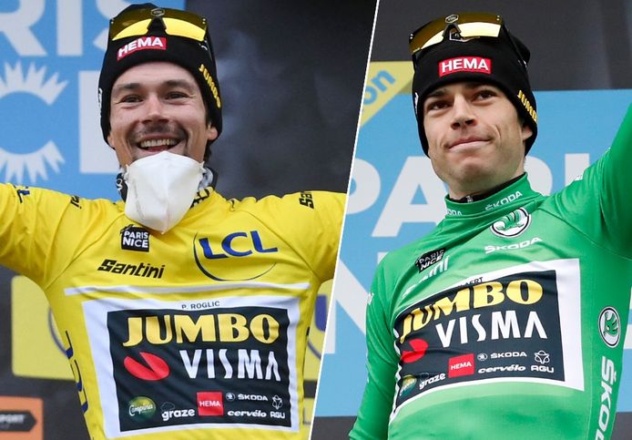 Primoz Roglic in het geel, Wout van Aert in het groen. Het droomscenario voor Jumbo-Visma aan het einde van de Ronde van Frankrijk zouden zien.