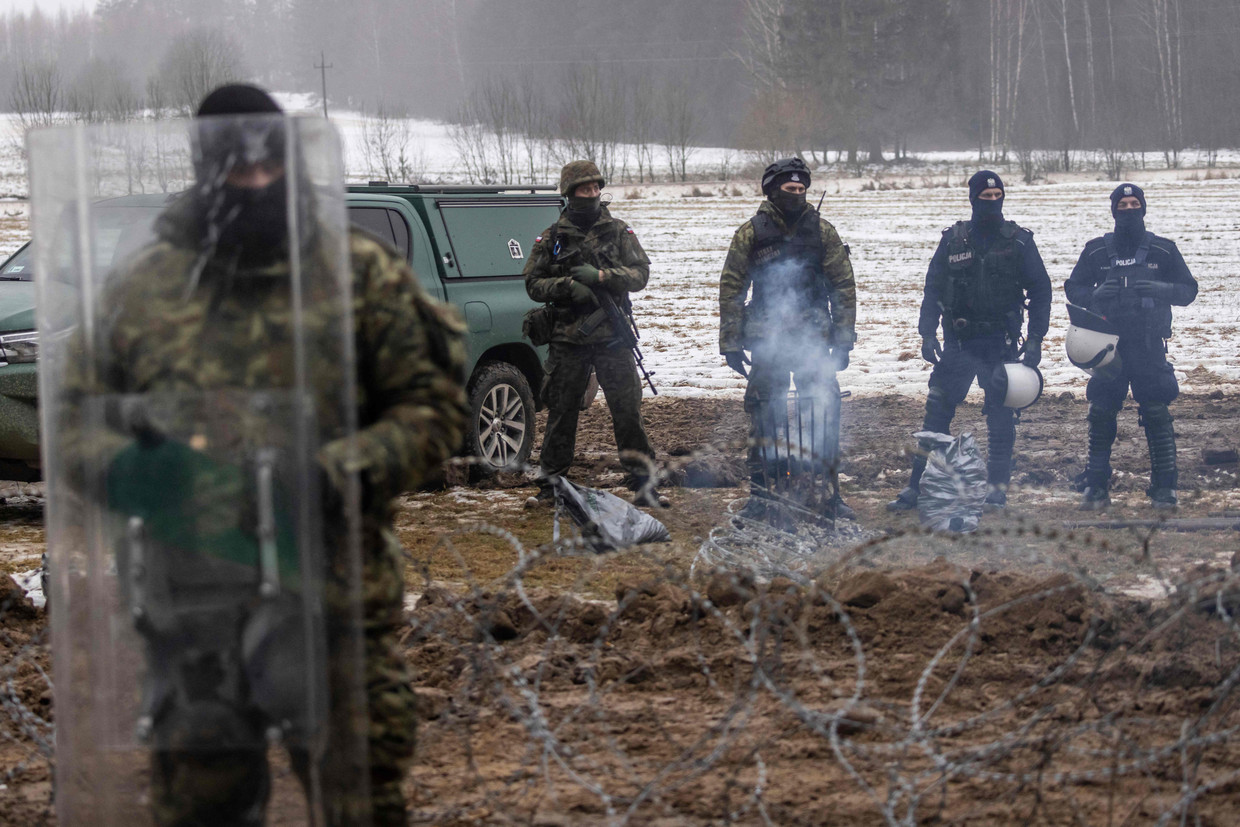 Soldaten langs de Pools-Wit-Russische grens in het noordoosten van Polen.  Op deze plek moet een muur komen die migranten verhindert Europa binnen te komen.  Beeld AFP