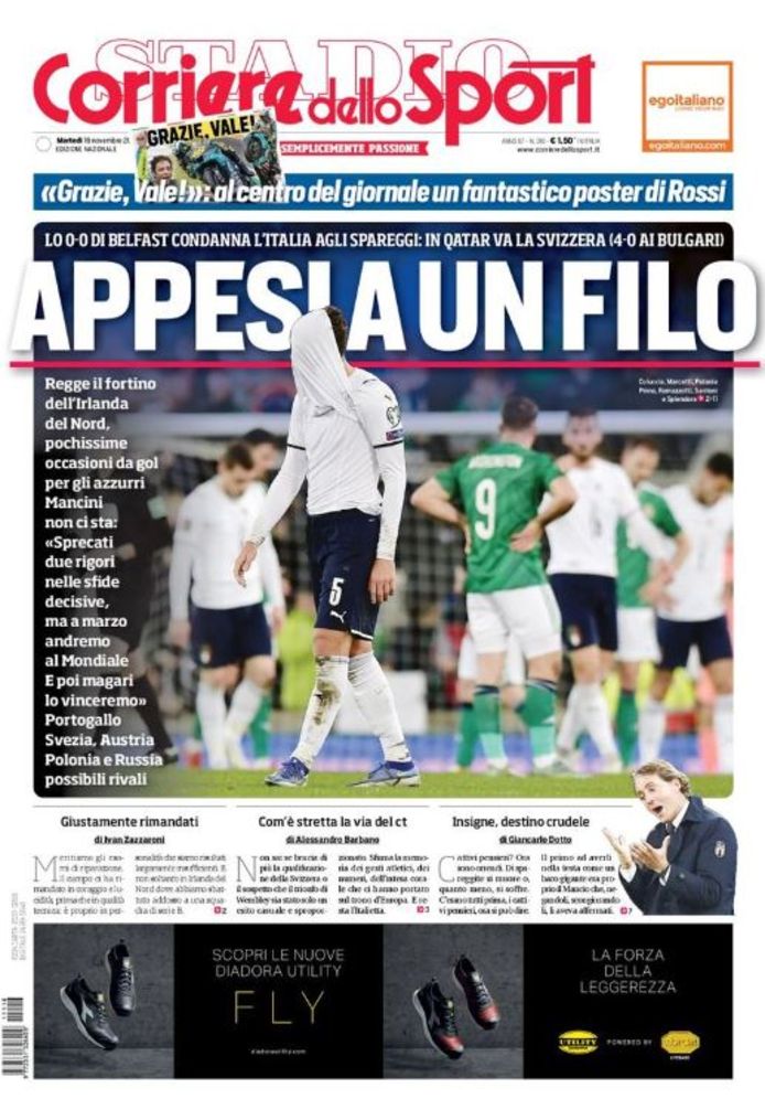 La prima pagina di oggi del Corriere Tello Sport: "Si appende con un filo", Si legge benissimo.