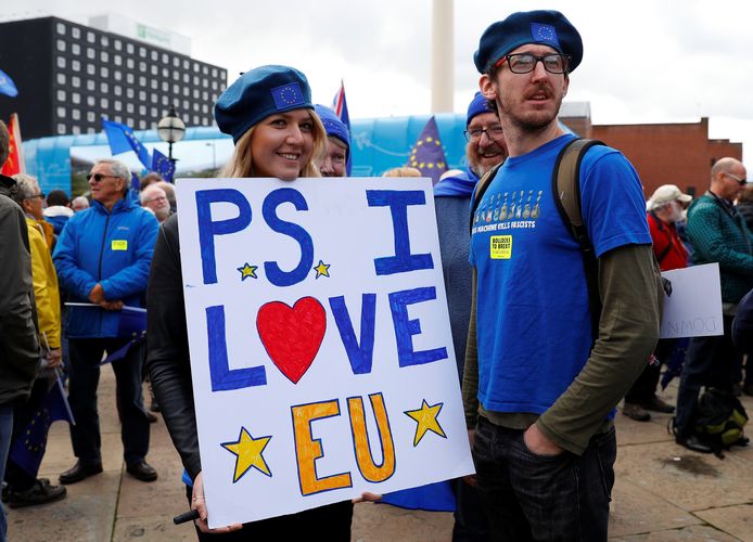 Anti-Brexit supporters demonstrate in the centre of the city, as it hosts the annual Labour Party Conference, in Liverpool, Britain, September 23, 2018. REUTERS/Phil Noble