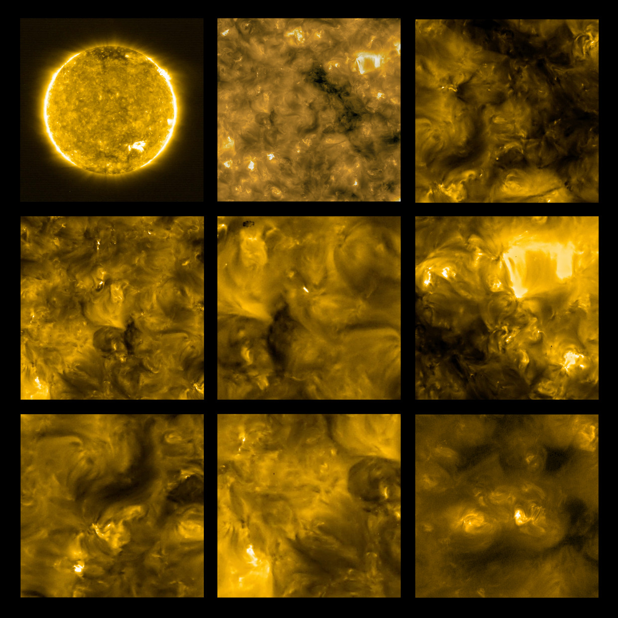 Tussen de wolken op het oppervlak van de zon duiken felle witte puntjes op. Alsof je vanuit de lucht kampvuurtjes ziet, maar het zijn kleine zonnevlammen, een miljoen keer kleiner dan de vlammen die je vanaf aarde kunt waarnemen. Beeld Solar Orbiter/EUI Team (ESA & NASA); CSL, IAS, MPS, PMOD/WRC, ROB, UCL/MSSL