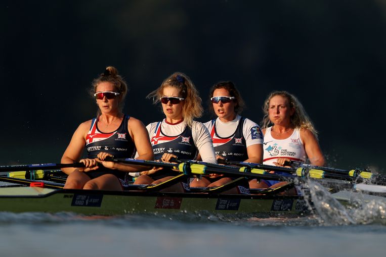 De Britse dubbelvier tijdens de WK roeien van 2019 in Oostenrijk. Beeld Getty Images