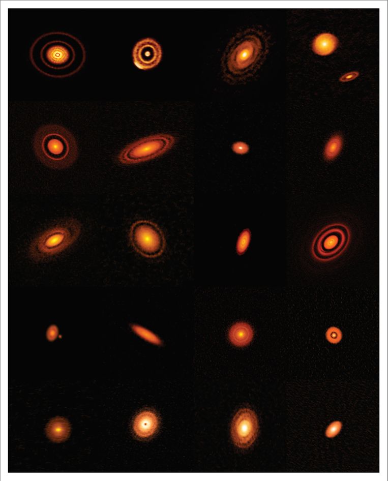 De twintig planeet-stelsels-in-wording, vastgelegd door het ALMA-observatorium in de woestijn van Chili. Beeld NRAO/AUI/NSF