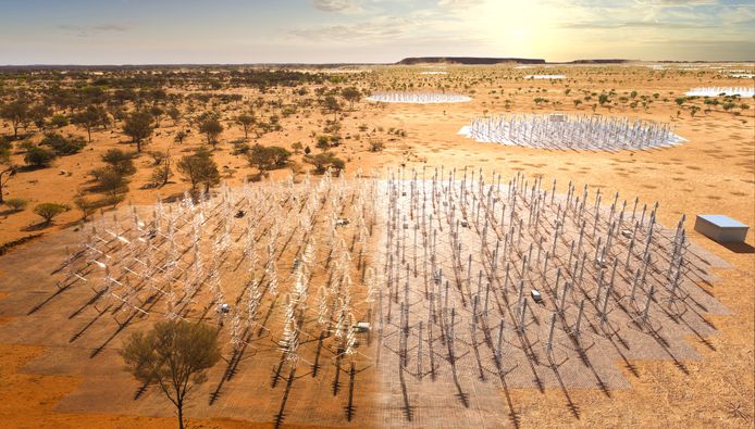 Een impressie van de SKA-Low-telescoop in Australië.