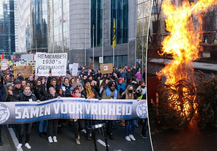 Links: de coronamars door Brussel. Rechts: sommige amokmakers staken enkele kerstbomen in brand.