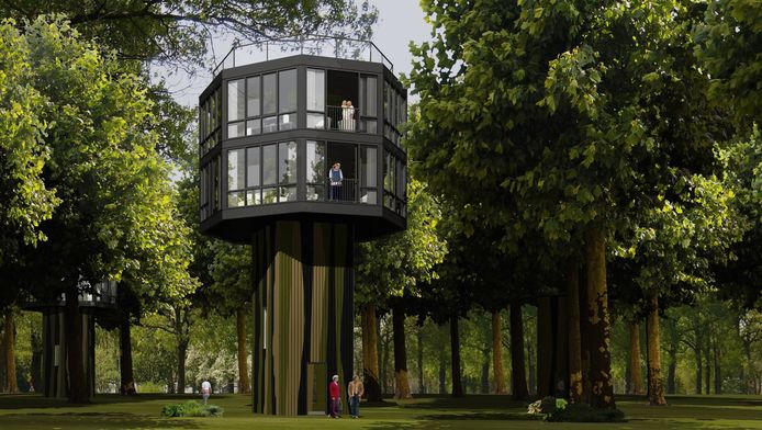 Zo zouden de boomwoningen eruit moeten zien.