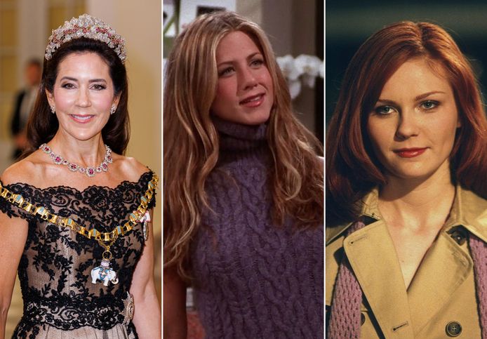 Van L naar R: Mary Donaldson, kroonprinses van Denemarken, Jennifer Aniston als Rachel Greene in ‘Friends’ en Kirsten Dunst als Mary Jane Watson in ‘Spider-Man’.