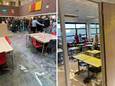 Een complete smeerboel in de aula en een klaslokaal van NSG Groenewoud nadat een stoet examenleerlingen vrijdagochtend door de school trok.