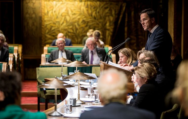 Premier Rutte tijdens de politieke beschouwingen in de Eerste Kamer. Beeld Freek van den Bergh