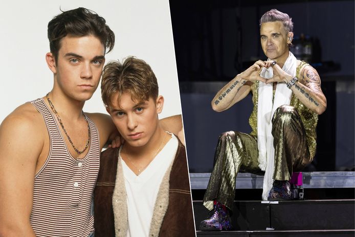 English boy band Take That, circa 1992. Robbie Williams en Mark Owen in 'Take That' circa 1992 (links) en Robbie Williams in 2023 (rechts).