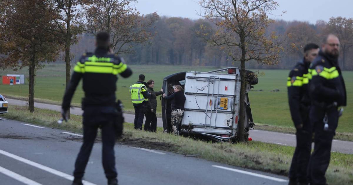 Paardentrailer op de kant bij ongeval in Beuningen, een paard losgebroken.