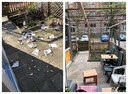 Links de tuin zoals het gezin het aantrof in maart, rechts de tuin nadat zij het opknapten.