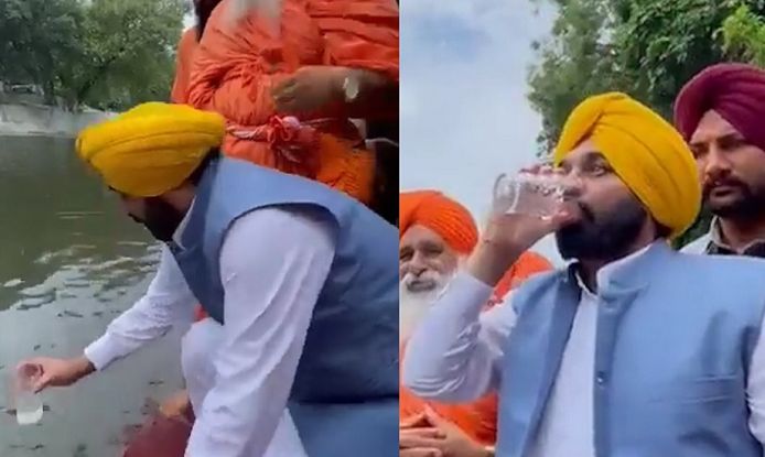 Vol trots vult de eerste minister van de Indiase deelstaat Punjab zijn glas met water van de ‘heilige rivier’.
