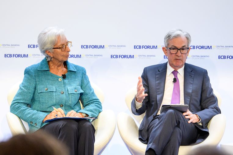 Christine Lagarde van de Europese Centrale Bank en Jerome Powell van het Amerikaanse Federal Reserve System. Beeld via Reuters