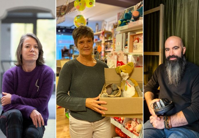 Het nieuwsjaar in Zoersel. V.l.n.r.: burgemeester Liesbeth Verstreken, Pascale Schupp van speelgoedwinkel Kiki en Big Brother-stem Jeroen Medaer.