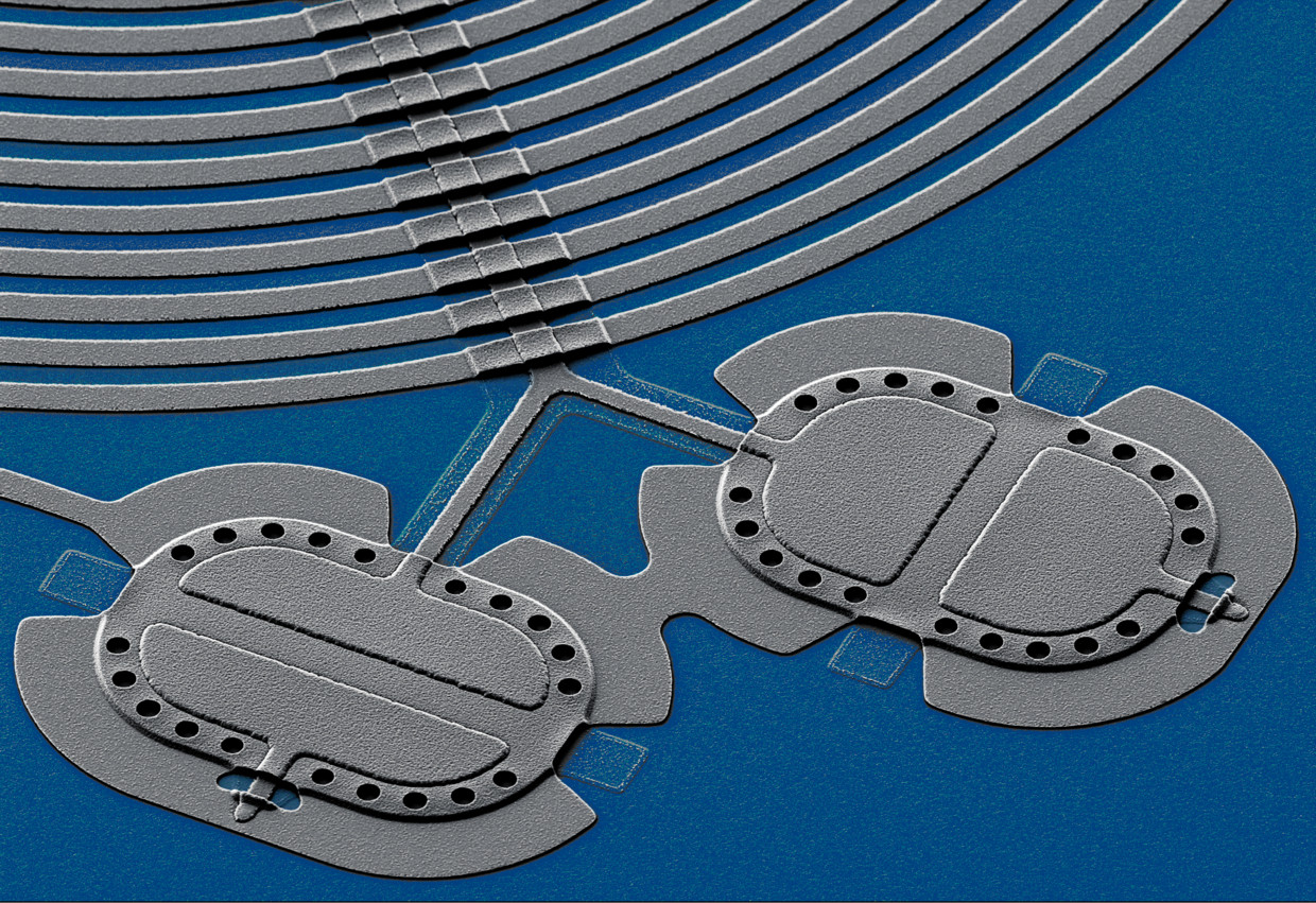 After so-called interlocking, these two miniature aluminum drums beat a rhythm that could not develop under normal conditions.  Teufel / NIST photo