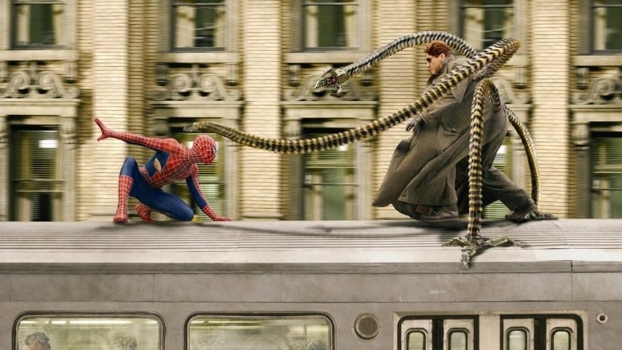 Tobey Maguire en Alfred Molina in Spider-Man 2 . Beeld 