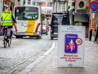 Geen fietsers inhalen en maximaal 30 kilometer per uur: grote borden wijzen op regels in Brugse binnenstad