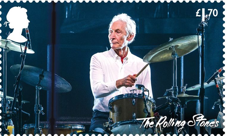 Een postzegel ter ere van de zestigste verjaardag van de Britse band The Rolling Stones. Beeld via REUTERS