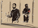 Mohamed Abrini op een tekening die maandag in de rechtszaal in Brussel is gemaakt.